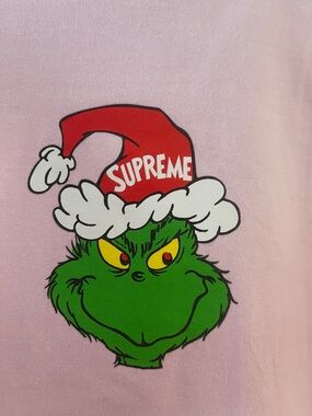 Supreme Pink Tee with Green Grinch and Red Santa Hat
